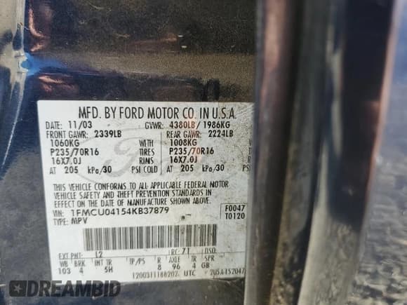 ✅ 2004 Ford Escape Limited • VIN: 1FMCU04154KB37879 • Lot: 85254845. Wystawiony na Copart z przebiegiem Nie podano. Bezpłatny archiwum sprzedaży aukcyjnych z USA i szczegółowy raport historii pojazdu na DreamBid. Zdjęcie 13.