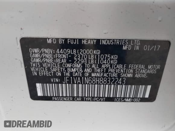 ✅ 2017 Subaru WRX Limited • VIN: JF1VA1N68H8832243 • Lot: 43006328. Listed on IAAI with Not provided. Free auction sales archive from the USA and detailed vehicle history report at DreamBid. Image 9.