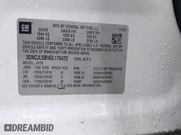 2016 Chevrolet Trax LT z VIN 3GNCJLSB9GL178472, wystawiony jako IAAI lot #43604163 z przebiegiem 133 122 mil mil oraz . Historia ofert i sprzedaży dostępna na DreamBid. Obrazek 9.