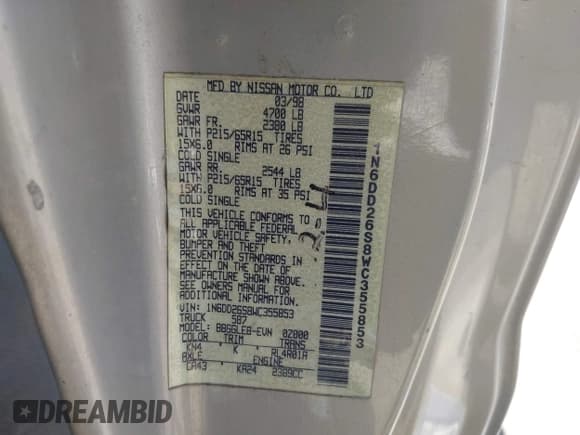 ✅ 1998 Nissan Frontier XE • VIN: 1N6DD26S8WC355853 • Лот: 42581457. Опубликован ранее на IAAI с пробегом 303 045 миль. Бесплатный доступ к архиву аукционных продаж из США и подробный отчёт об истории автомобиля на DreamBid. Изображение 9.