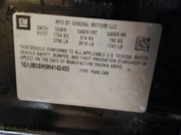 2017 Chevrolet Sonic LS с VIN 1G1JB5SH9H4142455, выставлен на аукционе Copart как лот 81320323 с пробегом 125 475 миль миль и Списание • Salvage title. История ставок и продаж доступна на DreamBid. Изображение 12.