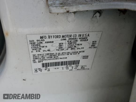✅ 2003 Ford Excursion Eddie Bauer • VIN: 1FMNU45SX3EC96238 • Лот: 66727384. Опубликован ранее на Copart с пробегом Не указан. Бесплатный доступ к архиву аукционных продаж из США и подробный отчёт об истории автомобиля на DreamBid. Изображение 13.