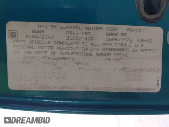 1995 Chevrolet Silverado 1500 with VIN 1GCEC14Z4SZ228416, listed as a IAAI auction lot 43496185 with 203,618 mi miles and . Bid and sale history available at DreamBid. Image 9.