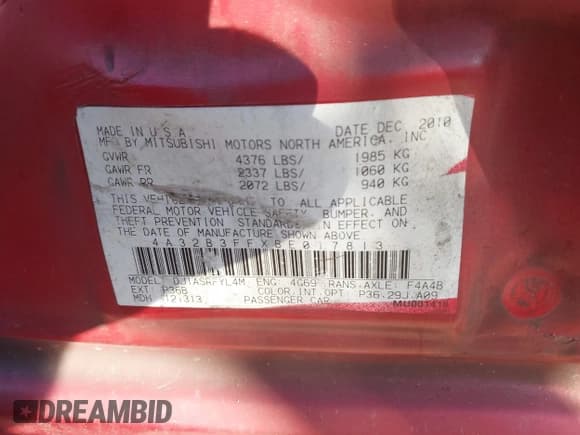 ✅ 2011 Mitsubishi Galant ES • VIN: 4A32B3FFXBE017813 • Lot: 43612747. Listed on IAAI with 199,721 mi. Free auction sales archive from the USA and detailed vehicle history report at DreamBid. Image 9.