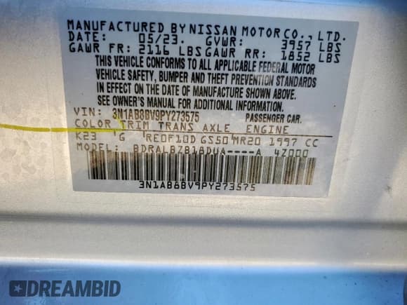 ✅ 2023 Nissan Sentra S • VIN: 3N1AB8BV9PY273575 • Lot: 86139005. Wystawiony na Copart z przebiegiem 34 701 mil. Bezpłatny archiwum sprzedaży aukcyjnych z USA i szczegółowy raport historii pojazdu na DreamBid. Zdjęcie 12.