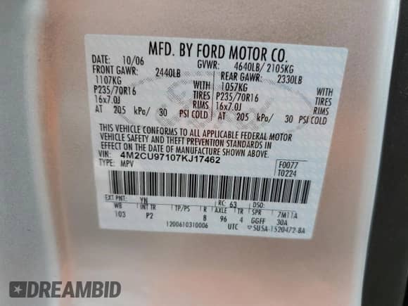 2007 Mercury Mariner Premier с VIN 4M2CU97107KJ17462, выставлен на аукционе Copart как лот 58582825 с пробегом Не указан миль и Списание • Salvage title. История ставок и продаж доступна на DreamBid. Изображение 13.