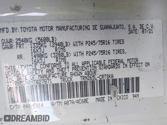✅ 2021 Toyota Tacoma SR • VIN: 3TYRX5GN0MT027871 • Lot: 43022019. Listed on IAAI with 135,807 mi. Free auction sales archive from the USA and detailed vehicle history report at DreamBid. Image 9.