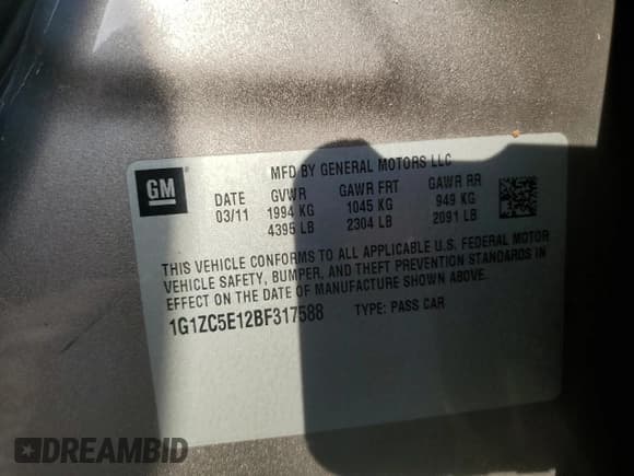 ✅ 2011 Chevrolet Malibu 1LT • VIN: 1G1ZC5E12BF317588 • Lot: 75244674. Listed on Copart with Not provided. Free auction sales archive from the USA and detailed vehicle history report at DreamBid. Image 12.