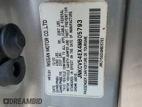 ✅ 2004 Infiniti G35 w/Leather • VIN: JNKCV54EX4M805793 • Lot: 58595535. Listed on Copart with 189,123 mi. Free auction sales archive from the USA and detailed vehicle history report at DreamBid. Image 12.