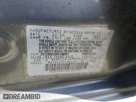 ✅ 2021 Nissan Versa S • VIN: 3N1CN8DV8ML806537 • Lot: 93227575. Listed on Copart with 56,560 mi. Free auction sales archive from the USA and detailed vehicle history report at DreamBid. Image 12.