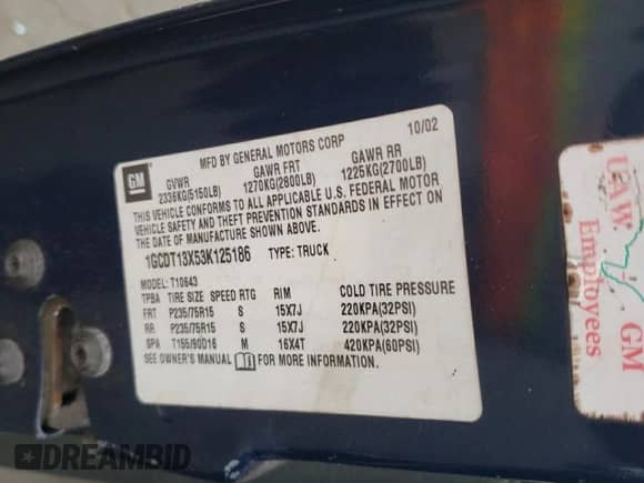 2003 Chevrolet S-10 LS z VIN 1GCDT13X53K125186, wystawiony jako Copart lot #72440074 z przebiegiem Nie podano mil oraz Szkoda całkowita • Salvage title. Historia ofert i sprzedaży dostępna na DreamBid. Obrazek 15.