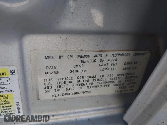 ✅ 2009 Chevrolet Aveo 1LT • VIN: KL1TD66E39B670755 • Lot: 41617362. Wystawiony na IAAI z przebiegiem 179 075 mil. Bezpłatny archiwum sprzedaży aukcyjnych z USA i szczegółowy raport historii pojazdu na DreamBid. Zdjęcie 9.