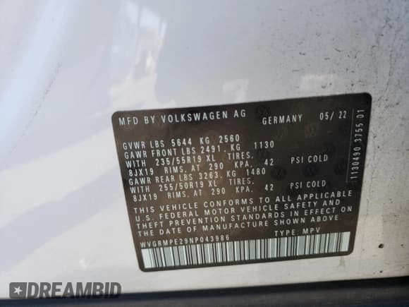 ✅ 2022 Volkswagen ID.4 Pro • VIN: WVGRMPE29NP043986 • Lot: 63934603. Listed on Copart with 134 mi. Free auction sales archive from the USA and detailed vehicle history report at DreamBid. Image 13.