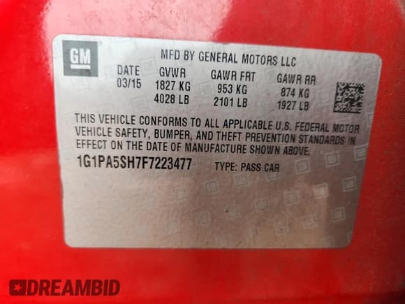 ✅ 2015 Chevrolet Cruze LS • VIN: 1G1PA5SH7F7223477 • Lot: 85753725. Listed on Copart with 149,039 mi. Free auction sales archive from the USA and detailed vehicle history report at DreamBid. Image 13.