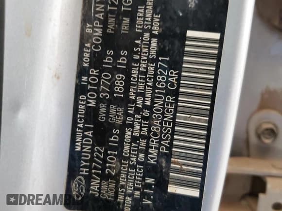 ✅ 2022 Hyundai Venue Limited • VIN: KMHRC8A30NU168271 • Lot: 47884655. Listed on Copart with 106,988 mi. Free auction sales archive from the USA and detailed vehicle history report at DreamBid. Image 13.