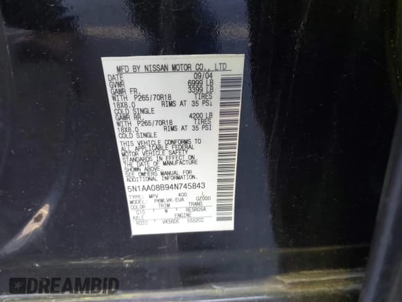 ✅ 2004 Nissan Armada LE • VIN: 5N1AA08B94N745843 • Lot: 41678658. Listed on IAAI with 156,147 mi. Free auction sales archive from the USA and detailed vehicle history report at DreamBid. Image 9.