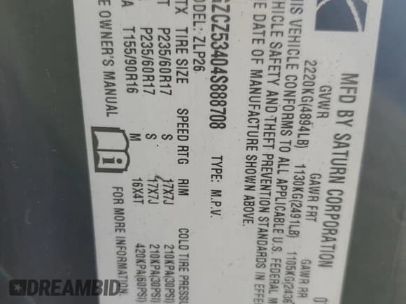 ✅ 2004 Saturn VUE V6 • VIN: 5GZCZ53404S888708 • Лот: 66663265. Опубликован ранее на Copart с пробегом Не указан. Бесплатный доступ к архиву аукционных продаж из США и подробный отчёт об истории автомобиля на DreamBid. Изображение 12.