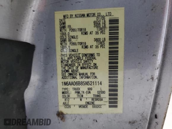 ✅ 2005 Nissan Titan SE • VIN: 1N6AA06B85N521114 • Lot: 69607445. Listed on Copart with 191,598 mi. Free auction sales archive from the USA and detailed vehicle history report at DreamBid. Image 12.