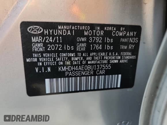 2011 Hyundai Elantra GLS z VIN KMHDH4AE0BU137555, wystawiony jako Copart lot #90941115 z przebiegiem 193 538 mil mil oraz Szkoda całkowita • Salvage title. Historia ofert i sprzedaży dostępna na DreamBid. Obrazek 12.