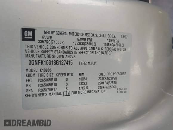 2008 Chevrolet Suburban LTZ with VIN 3GNFK16318G127415, listed as a IAAI auction lot 43429430 with 267,251 mi miles and . Bid and sale history available at DreamBid. Image 9.