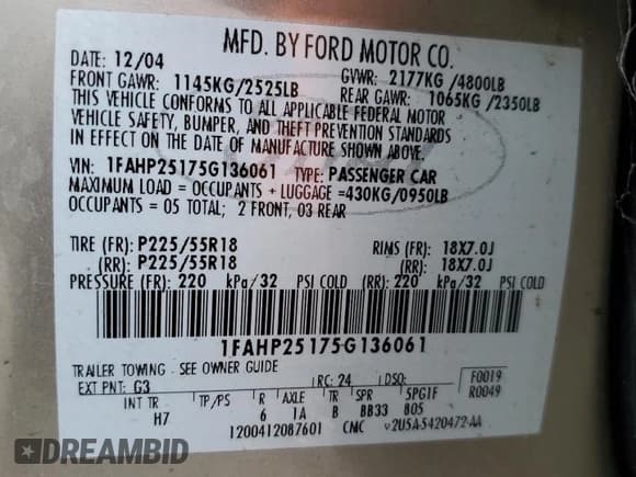 ✅ 2005 Ford Five Hundred Limited • VIN: 1FAHP25175G136061 • Lot: 71367024. Wystawiony na Copart z przebiegiem 156 778 mil. Bezpłatny archiwum sprzedaży aukcyjnych z USA i szczegółowy raport historii pojazdu na DreamBid. Zdjęcie 14.