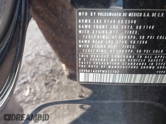 ✅ 2023 Volkswagen Tiguan S • VIN: 3VVRB7AX9PM032783 • Lot: 41278856. Listed on IAAI with Not provided. Free auction sales archive from the USA and detailed vehicle history report at DreamBid. Image 9.