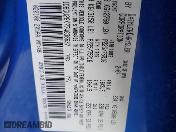 2007 Dodge Nitro SXT с VIN 1D8GU28K77W636637, выставлен на аукционе Copart как лот 75926094 с пробегом Не указан миль и Списание • Salvage title. История ставок и продаж доступна на DreamBid. Изображение 13.