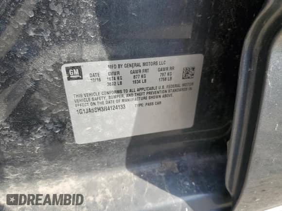 2017 Chevrolet Sonic LS с VIN 1G1JA5SH3H4124133, выставлен на аукционе Copart как лот 71843094 с пробегом 45 097 миль миль и На запчасти • Non repairable. История ставок и продаж доступна на DreamBid. Изображение 12.