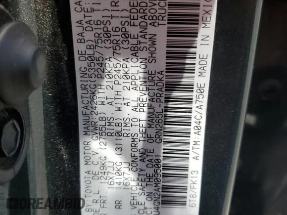 ✅ 2010 Toyota Tacoma PreRunner • VIN: 3TMJU4GN2AM095001 • Lot: 61641885. Listed on Copart with 102,266 mi. Free auction sales archive from the USA and detailed vehicle history report at DreamBid. Image 12.