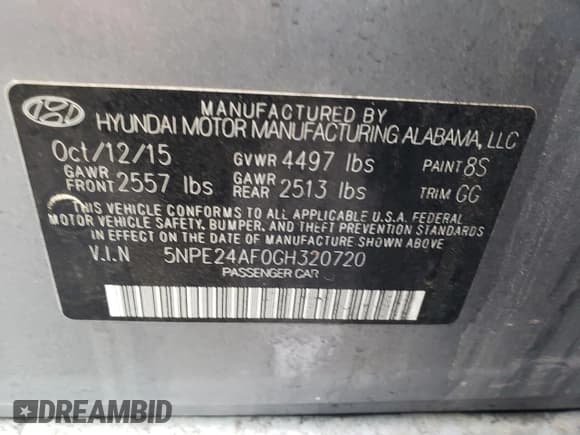 ✅ 2016 Hyundai Sonata SE • VIN: 5NPE24AF0GH320720 • Lot: 36372133. Listed on Copart with 66,487 mi. Free auction sales archive from the USA and detailed vehicle history report at DreamBid. Image 12.