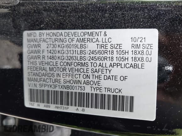 ✅ 2022 Honda Ridgeline Sport • VIN: 5FPYK3F1XNB001753 • Lot: 42498578. Wystawiony na IAAI z przebiegiem 45 027 mil. Bezpłatny archiwum sprzedaży aukcyjnych z USA i szczegółowy raport historii pojazdu na DreamBid. Zdjęcie 9.
