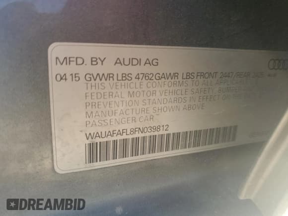 ✅ 2015 Audi A4 Premium • VIN: WAUAFAFL8FN039812 • Lot: 82592335. Listed on Copart with 131,470 mi. Free auction sales archive from the USA and detailed vehicle history report at DreamBid. Image 12.