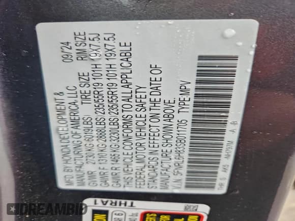 ✅ 2025 Honda Odyssey Touring • VIN: 5FNRL6H83SB011705 • Lot: 94996825. Listed on Copart with 20,690 mi. Free auction sales archive from the USA and detailed vehicle history report at DreamBid. Image 13.