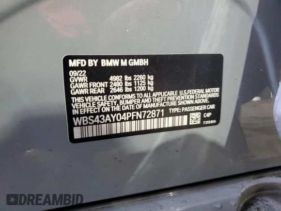 ✅ 2023 BMW M3 Competition xDrive • VIN: WBS43AY04PFN72871 • Lot: 72393403. Wystawiony na Copart z przebiegiem Nie podano. Bezpłatny archiwum sprzedaży aukcyjnych z USA i szczegółowy raport historii pojazdu na DreamBid. Zdjęcie 14.