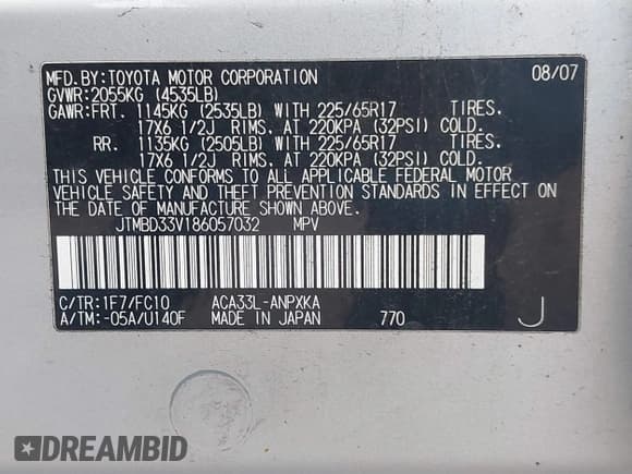 ✅ 2008 Toyota RAV4 • VIN: JTMBD33V186057032 • Lot: 43847970. Listed on IAAI with 158,381 mi. Free auction sales archive from the USA and detailed vehicle history report at DreamBid. Image 9.