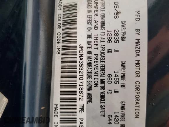 ✅ 1996 Mazda MX-5 Miata • VIN: JM1NA3532T0718872 • Lot: 85934264. Wystawiony na Copart z przebiegiem 96 979 mil. Bezpłatny archiwum sprzedaży aukcyjnych z USA i szczegółowy raport historii pojazdu na DreamBid. Zdjęcie 12.