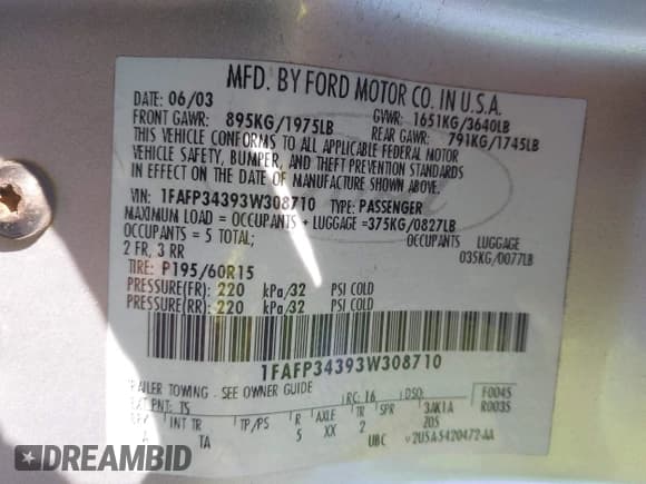 ✅ 2003 Ford Focus SE • VIN: 1FAFP34393W308710 • Lot: 43158133. Listed on IAAI with Not provided. Free auction sales archive from the USA and detailed vehicle history report at DreamBid. Image 9.