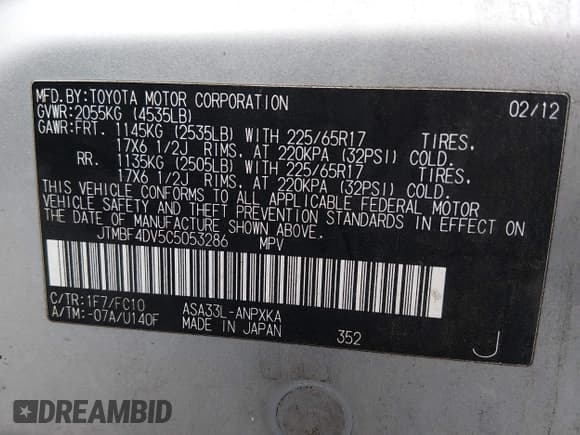 ✅ 2012 Toyota RAV4 • VIN: JTMBF4DV5C5053286 • Lot: 43867420. Listed on IAAI with 218,383 mi. Free auction sales archive from the USA and detailed vehicle history report at DreamBid. Image 9.