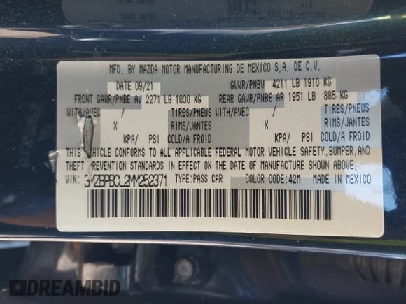 ✅ 2021 Mazda 3 Preferred • VIN: 3MZBPBCL2MM252371 • Лот: 42982402. Опубликован ранее на IAAI с пробегом 30 837 миль. Бесплатный доступ к архиву аукционных продаж из США и подробный отчёт об истории автомобиля на DreamBid. Изображение 9.