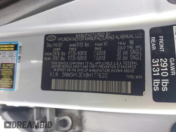 ✅ 2008 Hyundai Santa Fe SE • VIN: 5NMSH13EX8H177620 • Lot: 43366761. Wystawiony na IAAI z przebiegiem 232 378 mil. Bezpłatny archiwum sprzedaży aukcyjnych z USA i szczegółowy raport historii pojazdu na DreamBid. Zdjęcie 9.