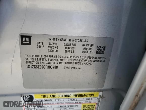 ✅ 2012 Chevrolet Malibu 1LT • VIN: 1G1ZC5E02CF383700 • Lot: 68556544. Listed on Copart with 83,495 mi. Free auction sales archive from the USA and detailed vehicle history report at DreamBid. Image 12.