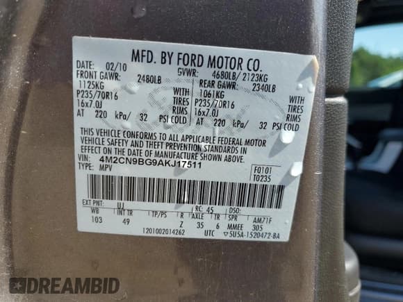 ✅ 2010 Mercury Mariner • VIN: 4M2CN9BG9AKJ17511 • Lot: 63789835. Listed on Copart with 152,609 mi. Free auction sales archive from the USA and detailed vehicle history report at DreamBid. Image 12.