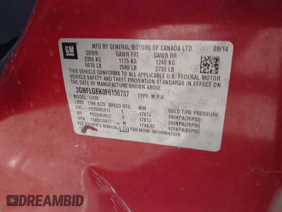 ✅ 2015 Chevrolet Equinox LT • VIN: 2GNFLGEK0F6136737 • Лот: 43457809. Опубликован ранее на IAAI с пробегом 153 836 миль. Бесплатный доступ к архиву аукционных продаж из США и подробный отчёт об истории автомобиля на DreamBid. Изображение 9.