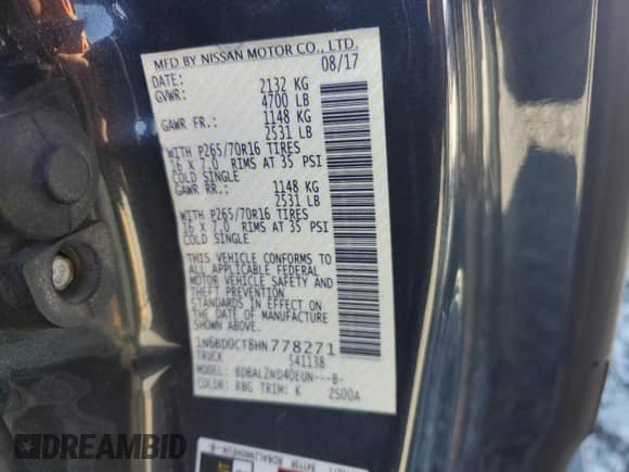 2017 Nissan Frontier SV with VIN 1N6BD0CT8HN778271, listed as a Copart auction lot 82595405 with 161,844 mi miles and Salvage title. Bid and sale history available at DreamBid. Image 12.