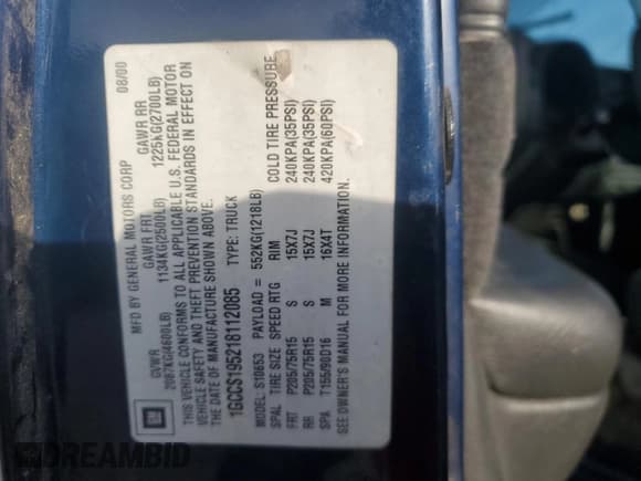 ✅ 2001 Chevrolet S-10 • VIN: 1GCCS195218112085 • Лот: 82673454. Опубликован ранее на Copart с пробегом 95 231 миль. Бесплатный доступ к архиву аукционных продаж из США и подробный отчёт об истории автомобиля на DreamBid. Изображение 13.