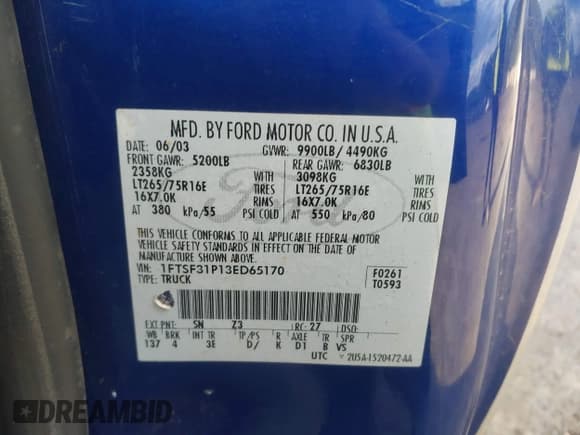 ✅ 2003 Ford F-350 • VIN: 1FTSF31P13ED65170 • Lot: 43113386. Listed on IAAI with 155,837 mi. Free auction sales archive from the USA and detailed vehicle history report at DreamBid. Image 9.