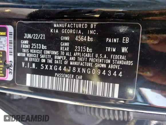 ✅ 2022 Kia K5 GT • VIN: 5XXG44J8XNG094344 • Lot: 71802155. Listed on Copart with 85,874 mi. Free auction sales archive from the USA and detailed vehicle history report at DreamBid. Image 13.