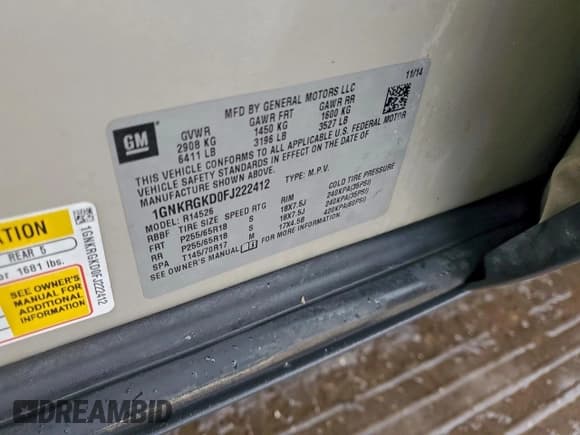 ✅ 2015 Chevrolet Traverse LT • VIN: 1GNKRGKD0FJ222412 • Lot: 95875215. Listed on Copart with 117,965 mi. Free auction sales archive from the USA and detailed vehicle history report at DreamBid. Image 14.