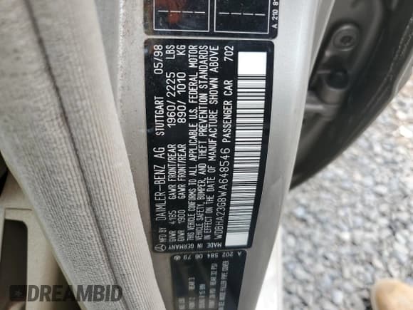 ✅ 1998 Mercedes-Benz C 230/260/280/320 • VIN: WDBHA23G8WA648546 • Lot: 60720975. Listed on Copart with 110,926 mi. Free auction sales archive from the USA and detailed vehicle history report at DreamBid. Image 13.