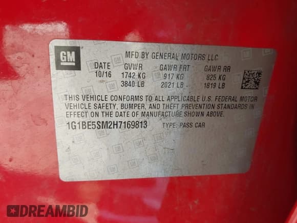 ✅ 2017 Chevrolet Cruze LT • VIN: 1G1BE5SM2H7169813 • Lot: 43421156. Listed on IAAI with 94,386 mi. Free auction sales archive from the USA and detailed vehicle history report at DreamBid. Image 9.